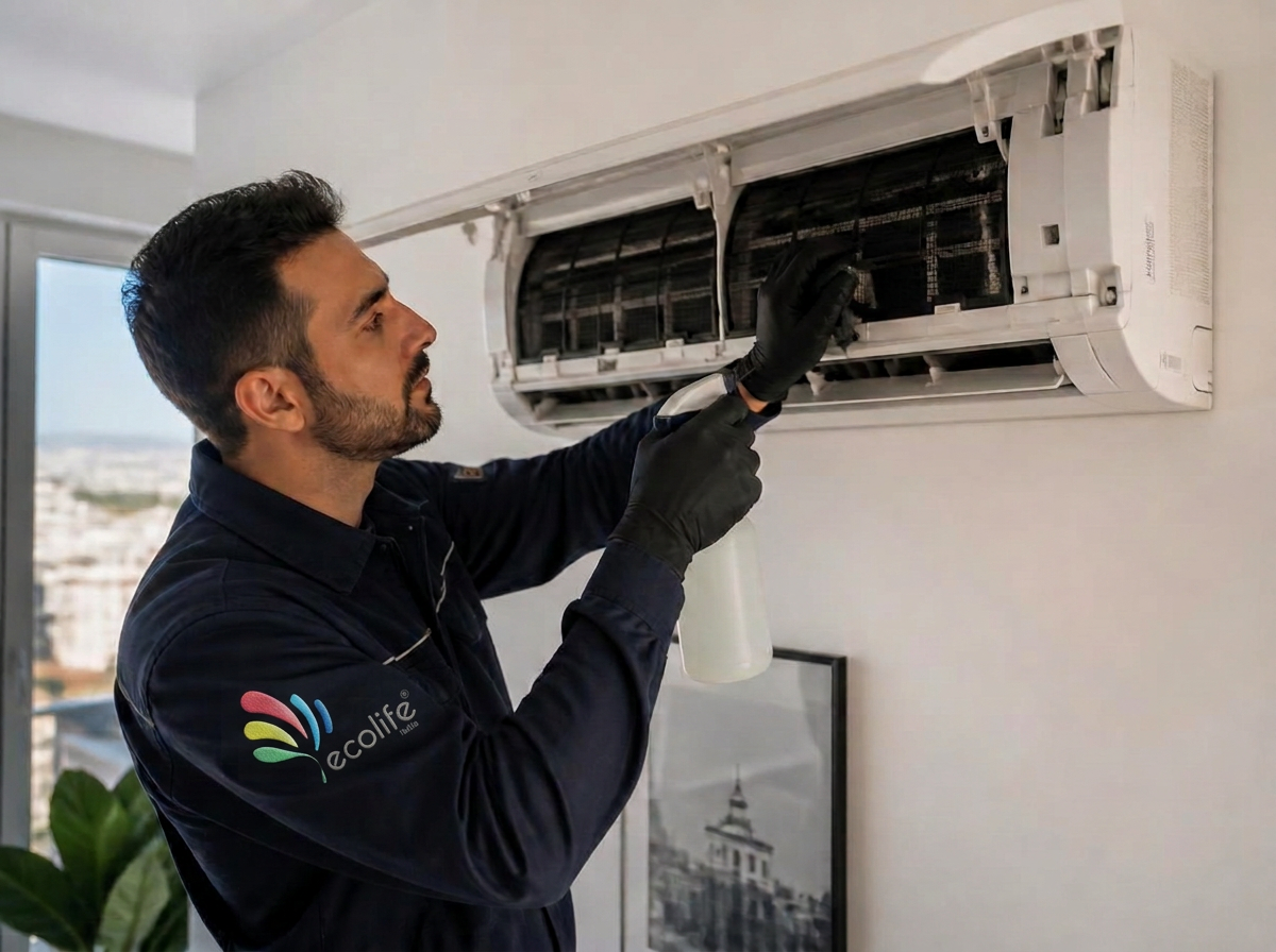 Tecnico Ecolife Italia durante la pulizia e sanificazione di uno split: manutenzione e pulizia condizionatori