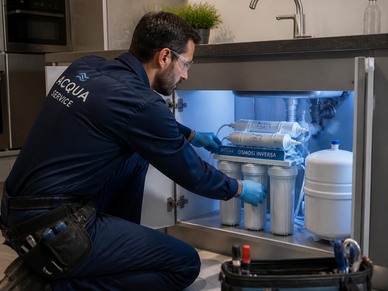 Tecnico durante la manutenzione di un depuratore a osmosi inversa sotto lavello